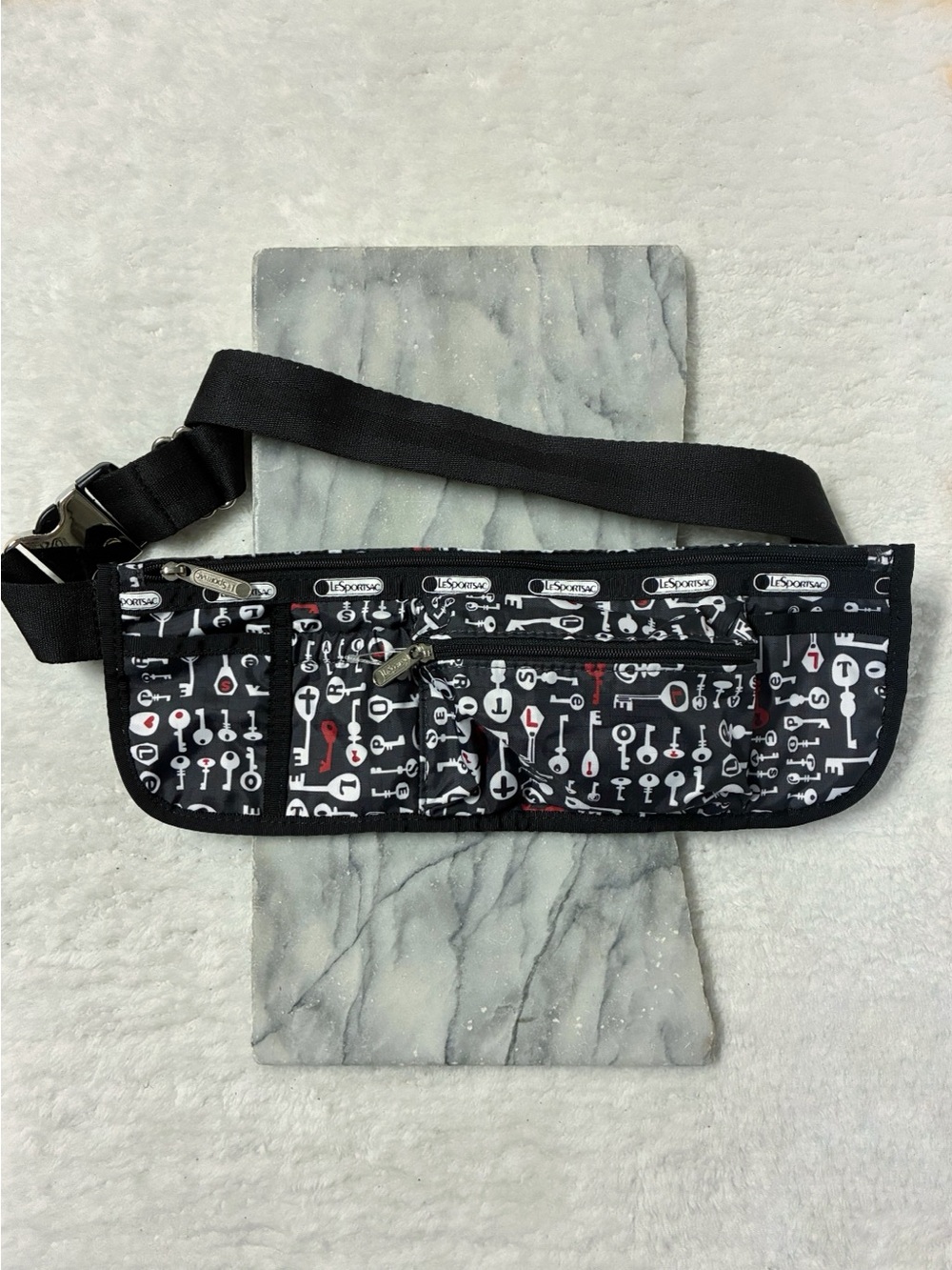 LeSportsac Novelty Key Print Belt Bag Fanny Pack Multi-Pocket Black white Red